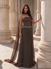 Coutiva Women's Rhinestone Decor Ribbon Design Pleated Hem Elegant Formal Dress,Luxury Square Neck Sleeveless High-End Satin Bodycon Evening Gown Party Dress - Coffee Brown - View 4