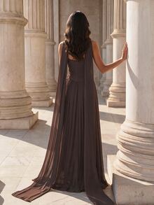 Coutiva Women's Rhinestone Decor Ribbon Design Pleated Hem Elegant Formal Dress,Luxury Square Neck Sleeveless High-End Satin Bodycon Evening Gown Party Dress - Coffee Brown - View 3