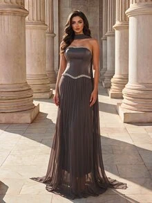 Coutiva Women's Rhinestone Decor Ribbon Design Pleated Hem Elegant Formal Dress,Luxury Square Neck Sleeveless High-End Satin Bodycon Evening Gown Party Dress - Coffee Brown - View 6