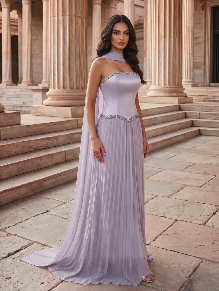 Coutiva Women's Strapless Rhinestone Decor Ribbon Design Fashion Banquet Dress,Graduation Dress,Guxury Evening Dresses For Women,Elegant Dresses For Women - Purple - View 5