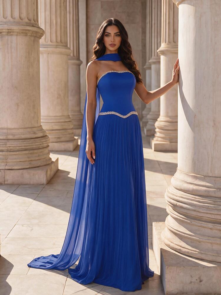 Coutiva Women's Rhinestone Decorated Ribbon Design Elegant Luxurious Evening Gown Dress - Royal Blue - View 3