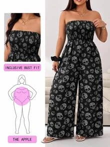SHEIN EZwear 大尺碼女款骷髏印花休閒日常連身褲 - 黑色 - 查看 1
