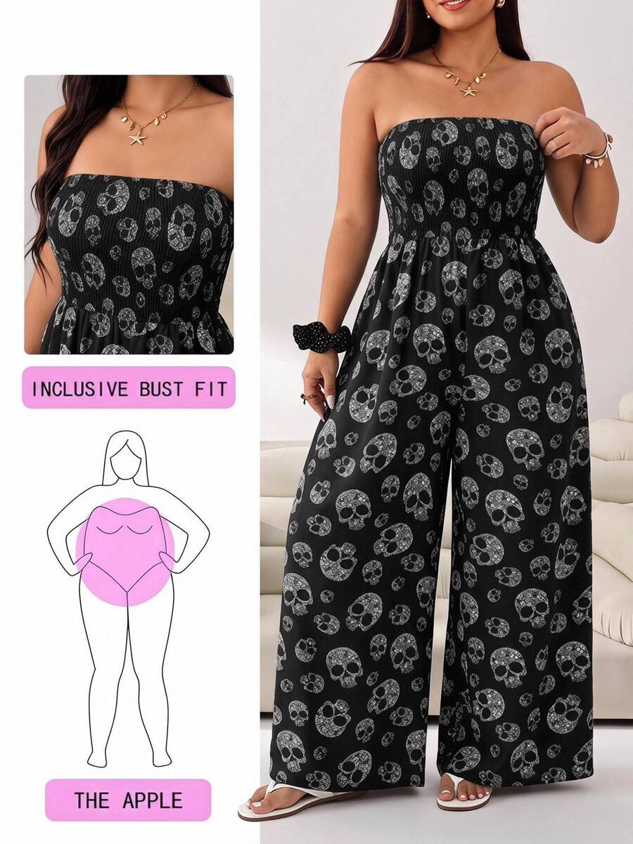 SHEIN EZwear 大尺碼女款骷髏印花休閒日常連身褲 - 黑色 - 查看 1