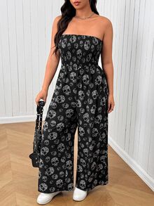 SHEIN EZwear 大尺碼女款骷髏印花休閒日常連身褲 - 黑色 - 查看 6