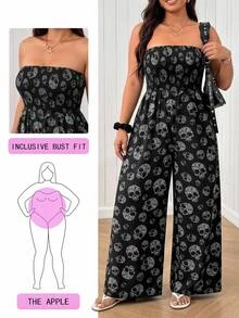 SHEIN EZwear 大尺碼女款骷髏印花休閒日常連身褲 - 黑色 - 查看 5