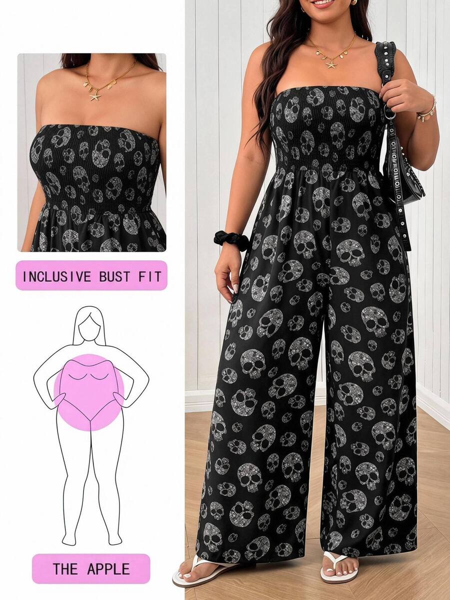 SHEIN EZwear Plus Size Women Skull Print Casual Everyday Jumpsuit - Black - View 1