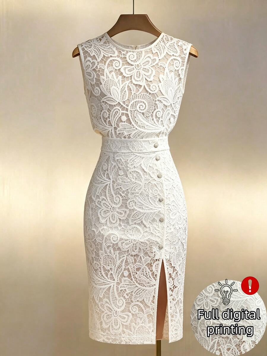 Franclia Gold-Plated Satin Sleeveless Waist-Cinching Slit Mid-Length Dress - Beige - View 1