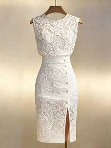 Franclia Gold-Plated Satin Sleeveless Waist-Cinching Slit Mid-Length Dress - Beige - View 4