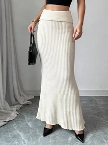 SHEIN Elenzya Rok Sweater Rajut Bergaris dengan Lipatan Pinggang dan Potongan Model Duyung - Aprikot - View 4