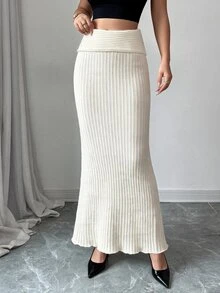 SHEIN Elenzya Rok Sweater Rajut Bergaris dengan Lipatan Pinggang dan Potongan Model Duyung - Aprikot - View 5