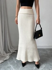 SHEIN Elenzya Rok Sweater Rajut Bergaris dengan Lipatan Pinggang dan Potongan Model Duyung - Aprikot - View 1