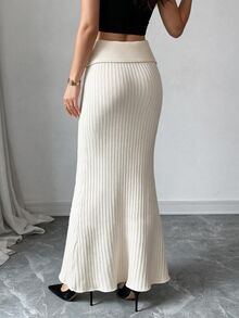 SHEIN Elenzya Rok Sweater Rajut Bergaris dengan Lipatan Pinggang dan Potongan Model Duyung - Aprikot - View 2
