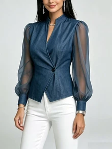 SHEIN 女款優雅深藍色丹寧質感對比網布立領襯衫，復古通勤家庭風泡泡袖秋季上衣 - 藏蓝色 - 查看 6