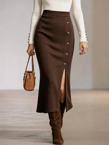 LUMIGAL Vintage Brown Vertical Ribbed Knit Midi Pencil Skirt For Women, Side Button Slit Fitted Bodycon Skirt, French Retro Commuter Style, Suitable For Daily, Date, Party And Office Wear - Coffee Brown - View 6