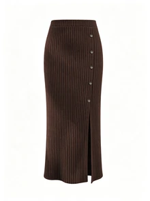 LUMIGAL Vintage Brown Vertical Ribbed Knit Midi Pencil Skirt For Women, Side Button Slit Fitted Bodycon Skirt, French Retro Commuter Style, Suitable For Daily, Date, Party And Office Wear - Coffee Brown - View 3