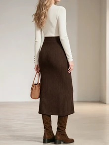 LUMIGAL Vintage Brown Vertical Ribbed Knit Midi Pencil Skirt For Women, Side Button Slit Fitted Bodycon Skirt, French Retro Commuter Style, Suitable For Daily, Date, Party And Office Wear - Coffee Brown - View 2