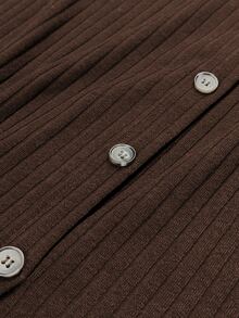 LUMIGAL Vintage Brown Vertical Ribbed Knit Midi Pencil Skirt For Women, Side Button Slit Fitted Bodycon Skirt, French Retro Commuter Style, Suitable For Daily, Date, Party And Office Wear - Coffee Brown - View 5