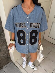 StreetHx Women's Summer Street Sport Print Short Sleeve Denim Jacket - Blue - View 7