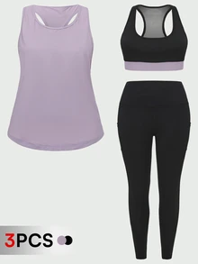 SHEIN Cheerettes 女款純色圓領背心、撞色運動內衣與緊身褲套裝 - 彩色 - 查看 4