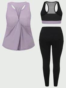 SHEIN Cheerettes 女款純色圓領背心、撞色運動內衣與緊身褲套裝 - 彩色 - 查看 5