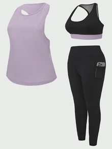 SHEIN Cheerettes 女款純色圓領背心、撞色運動內衣與緊身褲套裝 - 彩色 - 查看 15
