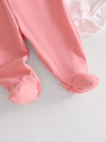 3pcs Newborn Baby Cute Pink Rabbit Print Long Sleeve Bodysuit With Footed Pants & Ear Hat Gift Set - Multicolor - View 7