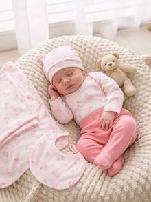 3pcs Newborn Baby Cute Pink Rabbit Print Long Sleeve Bodysuit With Footed Pants & Ear Hat Gift Set - Multicolor - View 8