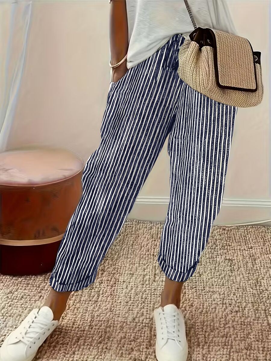 SHEIN Franclia Women's Striped Casual Versatile Daily Wear Pants - Navy Blue - View 1