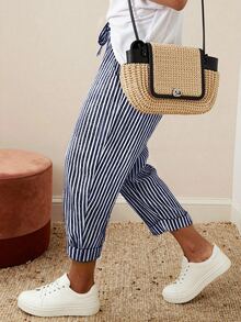 SHEIN Franclia Women's Striped Casual Versatile Daily Wear Pants - Navy Blue - View 4