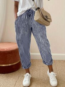 SHEIN Franclia Women's Striped Casual Versatile Daily Wear Pants - Navy Blue - View 3