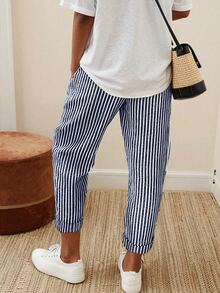SHEIN Franclia Women's Striped Casual Versatile Daily Wear Pants - Navy Blue - View 2