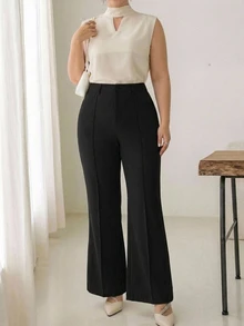 Dazy Plus Plus Size Casual Solid Color Commuter Office Flare Leg Suit Pants Fall - Black - View 2