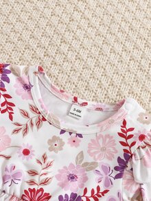 SHEIN Explorewe 3pcs Baby Girls Tunic Top Pants Set Cute Sweet Red White Floral Big Bow Ruffle Long Sleeve Round Neck Regular Birthday Party Fall School Headband Set - Multicolor - View 3