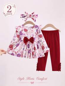 SHEIN Explorewe 3pcs Baby Girls Tunic Top Pants Set Cute Sweet Red White Floral Big Bow Ruffle Long Sleeve Round Neck Regular Birthday Party Fall School Headband Set - Multicolor - View 9