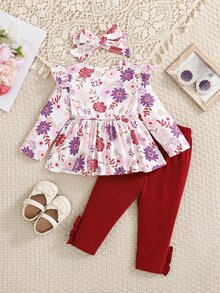 SHEIN Explorewe 3pcs Baby Girls Tunic Top Pants Set Cute Sweet Red White Floral Big Bow Ruffle Long Sleeve Round Neck Regular Birthday Party Fall School Headband Set - Multicolor - View 2