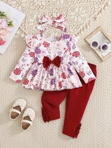 SHEIN Explorewe 3pcs Baby Girls Tunic Top Pants Set Cute Sweet Red White Floral Big Bow Ruffle Long Sleeve Round Neck Regular Birthday Party Fall School Headband Set - Multicolor - View 1