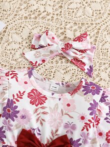 SHEIN Explorewe 3pcs Baby Girls Tunic Top Pants Set Cute Sweet Red White Floral Big Bow Ruffle Long Sleeve Round Neck Regular Birthday Party Fall School Headband Set - Multicolor - View 7