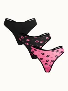Bonmuse 3pcs/Pack Women's Lip Print Back Crisscross Thong Panties - Multicolor - View 2