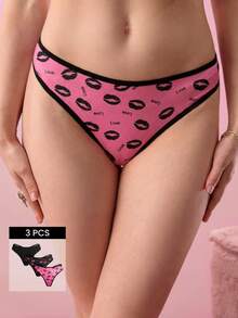 Bonmuse 3pcs/Pack Women's Lip Print Back Crisscross Thong Panties - Multicolor - View 1
