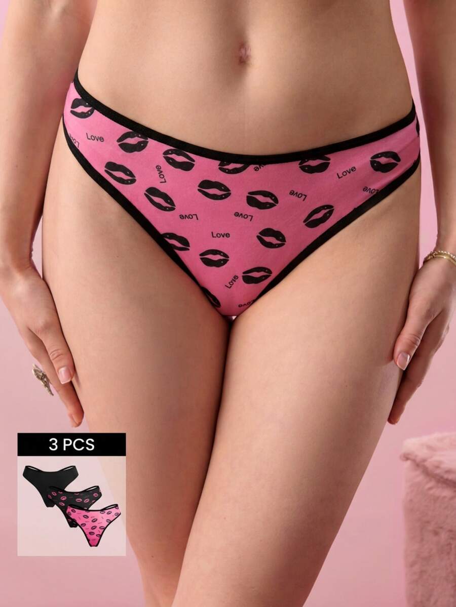 Bonmuse 3pcs/Pack Women's Lip Print Back Crisscross Thong Panties - Multicolor - View 1