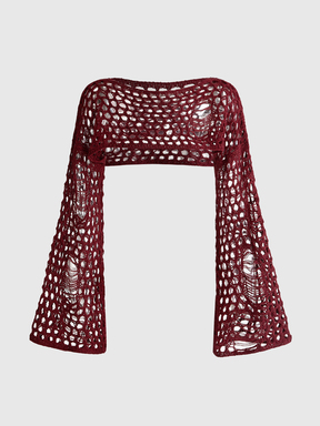 Goth Black Fishnet Hollow Out Bell Sleeve Knit Cover-Up, Distressed Design Off-The-Shoulder Crop Top, Sexy Outerwear
