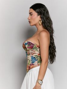 Dania Mndz Shop Beige, Musim Panas, Gaya Cottage Core, Atasan Tanpa Tali Motif Bunga Jacquard Retro untuk Pesta Wanita, Bordir Renda, Hiasan Tulang Ikan, Kawat Penyangga, Tali Belakang, Korset dengan Hem Tidak Beraturan - MultiWarna - View 7