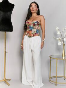 Dania Mndz Shop Beige, Musim Panas, Gaya Cottage Core, Atasan Tanpa Tali Motif Bunga Jacquard Retro untuk Pesta Wanita, Bordir Renda, Hiasan Tulang Ikan, Kawat Penyangga, Tali Belakang, Korset dengan Hem Tidak Beraturan - MultiWarna - View 2