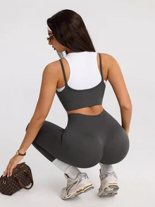 SHEIN Sports Women's Colorblock Patchwork Cropped Tank Top & Leggings Sports Set - Grey - View 3