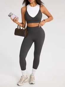 SHEIN Sports Women's Colorblock Patchwork Cropped Tank Top & Leggings Sports Set - Grey - View 7