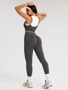 SHEIN Sports Women's Colorblock Patchwork Cropped Tank Top & Leggings Sports Set - Grey - View 2