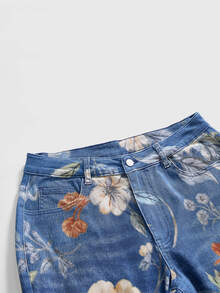 ROMWE Fairycore Vintage Floral Print Plus Size Women's Denim Flare Jeans With Pockets - Multicolor - View 3