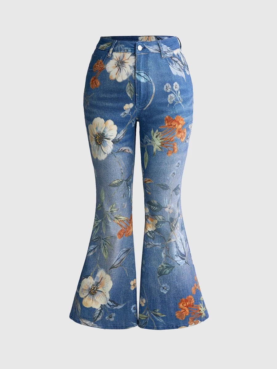 ROMWE Fairycore Vintage Floral Print Plus Size Women's Denim Flare Jeans With Pockets - Multicolor - View 1