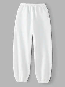 SHEIN BASICS Women's Casual Baggy Athleisure Loose Solid Color Knit Pants With Pockets/Winter Back-To-School Gym Lounge Workout White - White - View 2