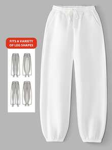 SHEIN BASICS Women's Casual Baggy Athleisure Loose Solid Color Knit Pants With Pockets/Winter Back-To-School Gym Lounge Workout White - White - View 6